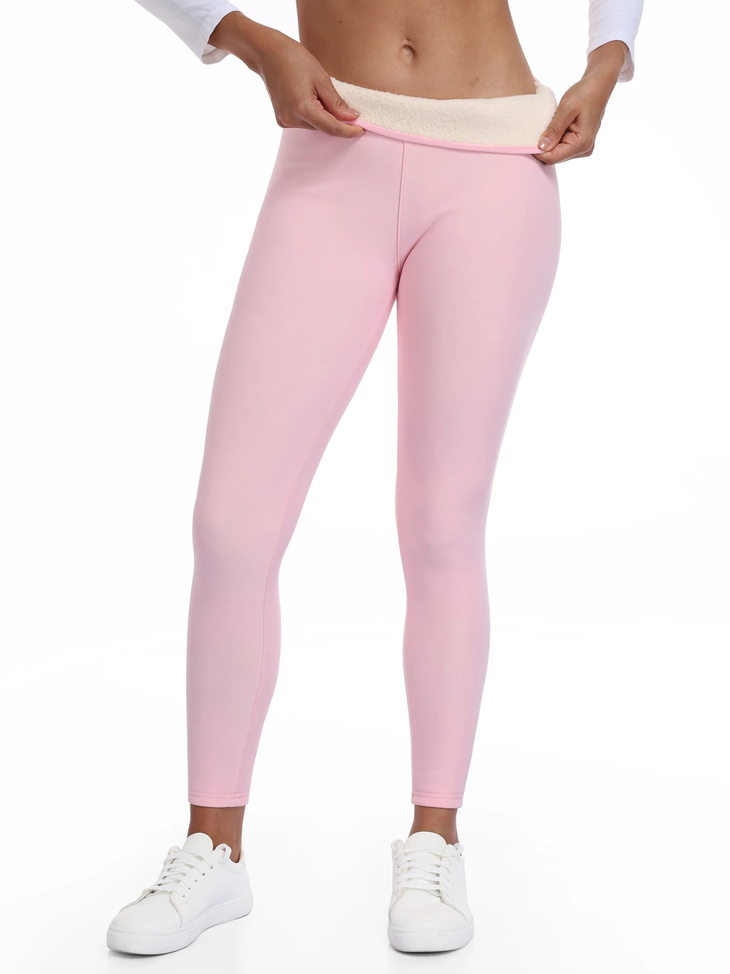 Legging femme doublé polaire, rose, ceinture repliée pour montrer la doublure en polaire