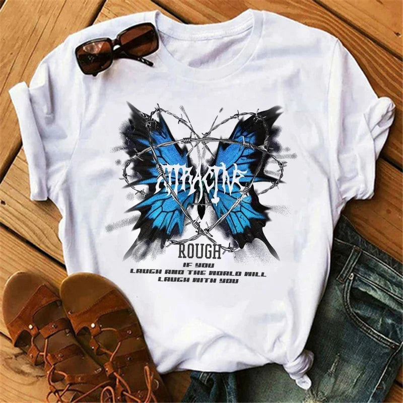 Women's white graphic T-shirt with blue barbed-wire butterfly print
