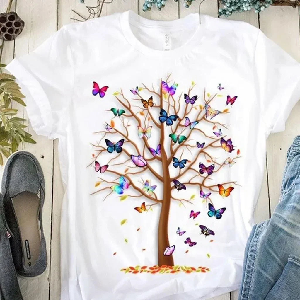 Women's white graphic T-shirt with colourful butterfly tree print