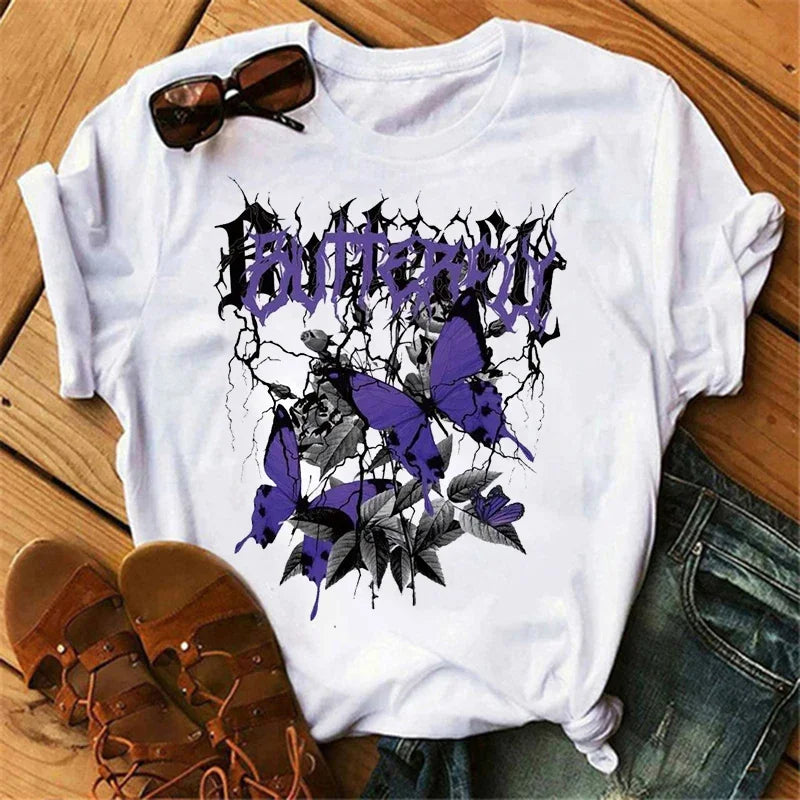 Women's white graphic T-shirt with gothic purple butterflies print