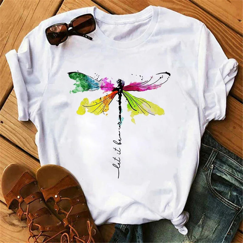 Women's white graphic T-shirt with rainbow dragonfly print