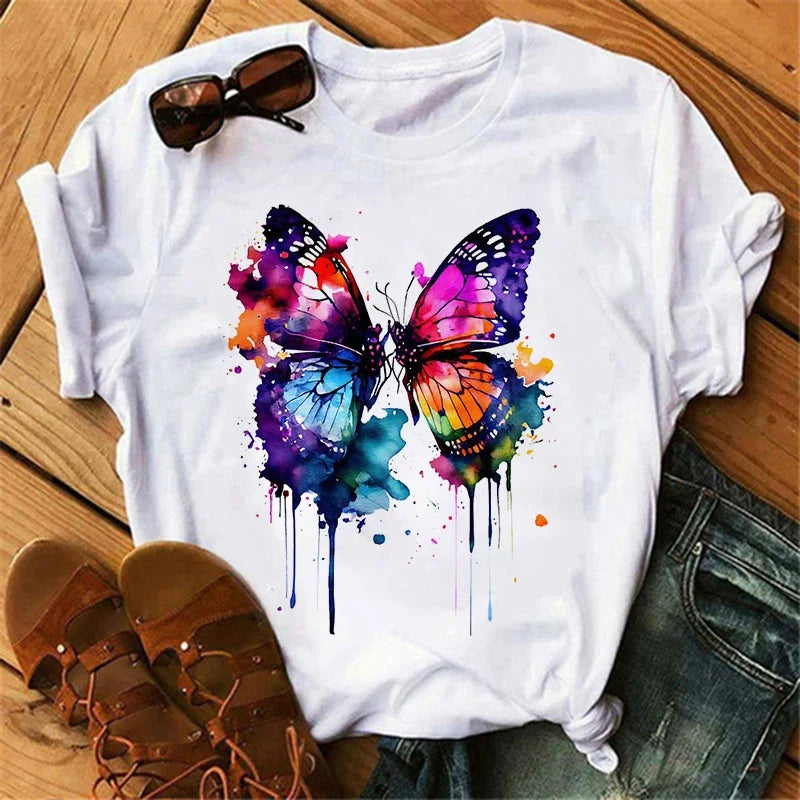 Women's white graphic T-shirt with watercolour butterfly print