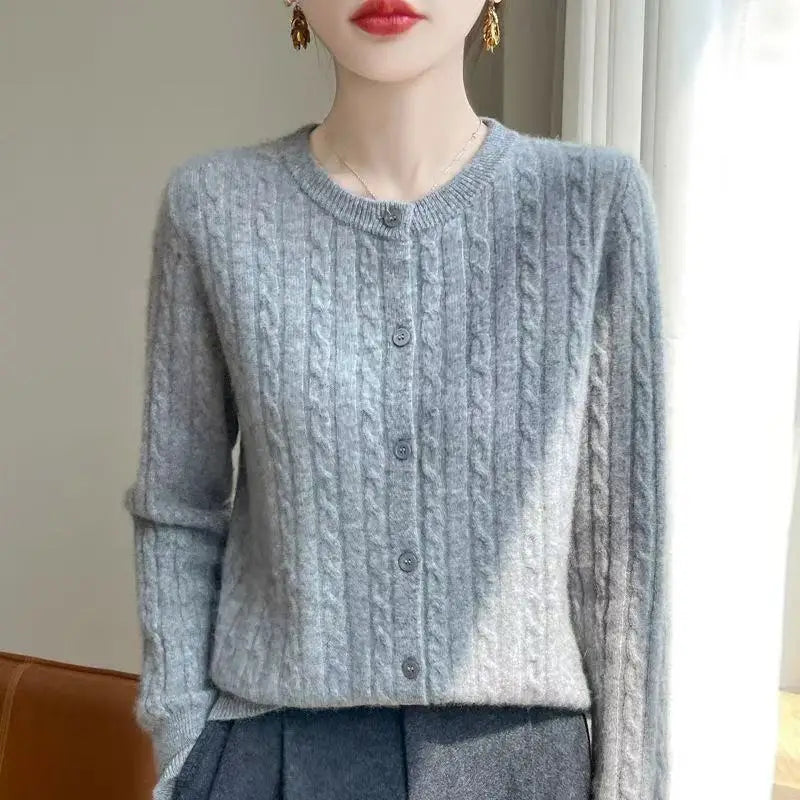 Women's ribbed knit button-up cardigan in gray, front view