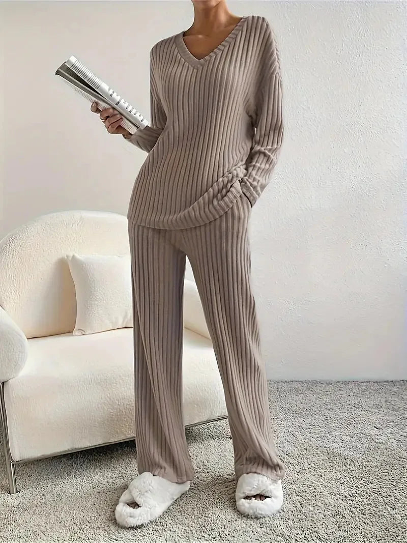 Ensemble en maille côtelée femme - Marron, vue de face