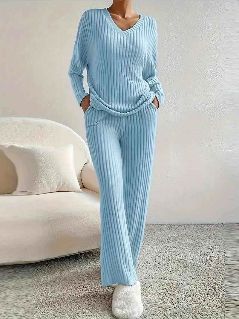 Ensemble en maille côtelée femme - Bleu clair