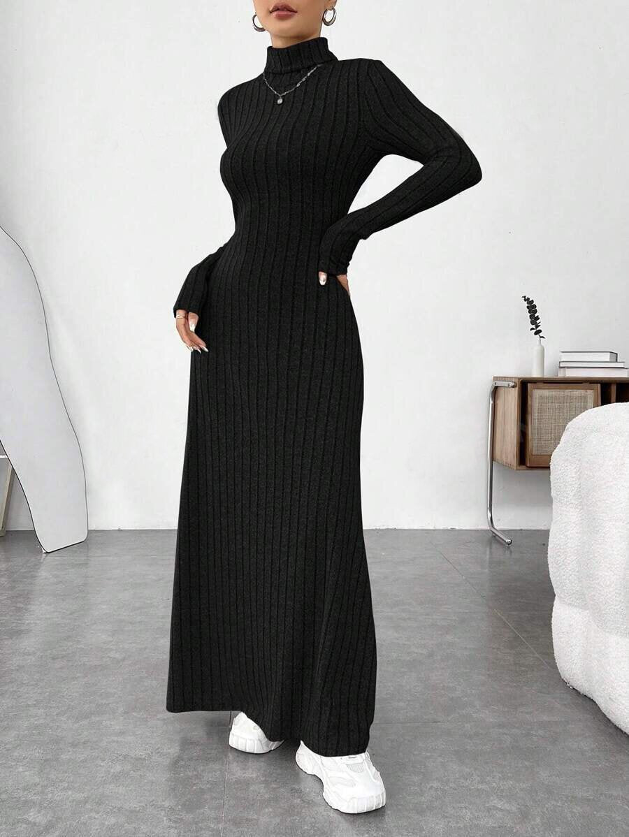 Women's black ribbed turtleneck maxi dress, side view