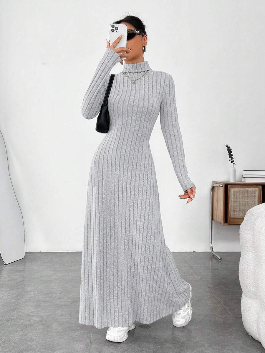 Women's light gray ribbed turtleneck maxi dress, front view
