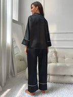 Women's Satin Pajama Set - Black, back view