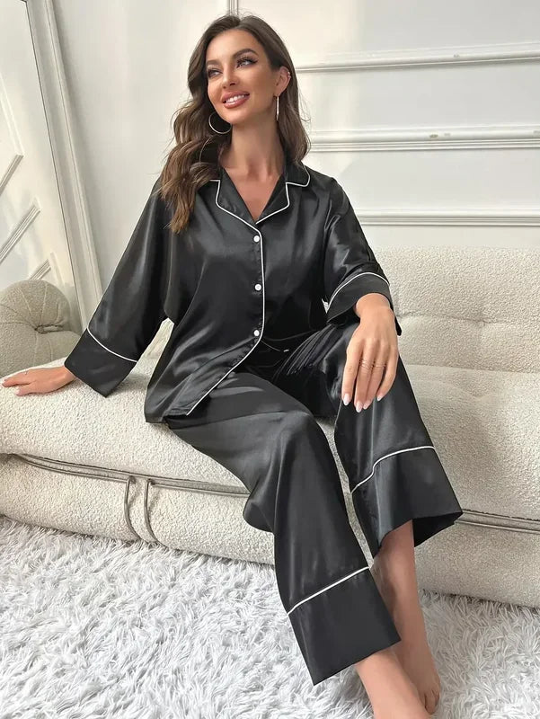 Women's Satin Pajama Set - Black, seated