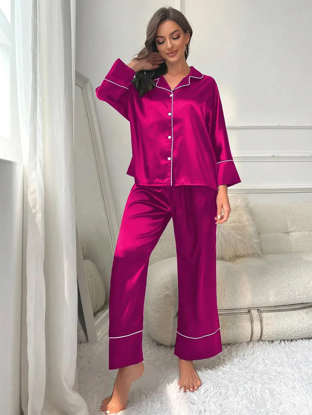 Women's Satin Pajama Set - Fuchsia