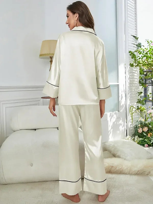 Women's Satin Pajama Set - Ivory, back view