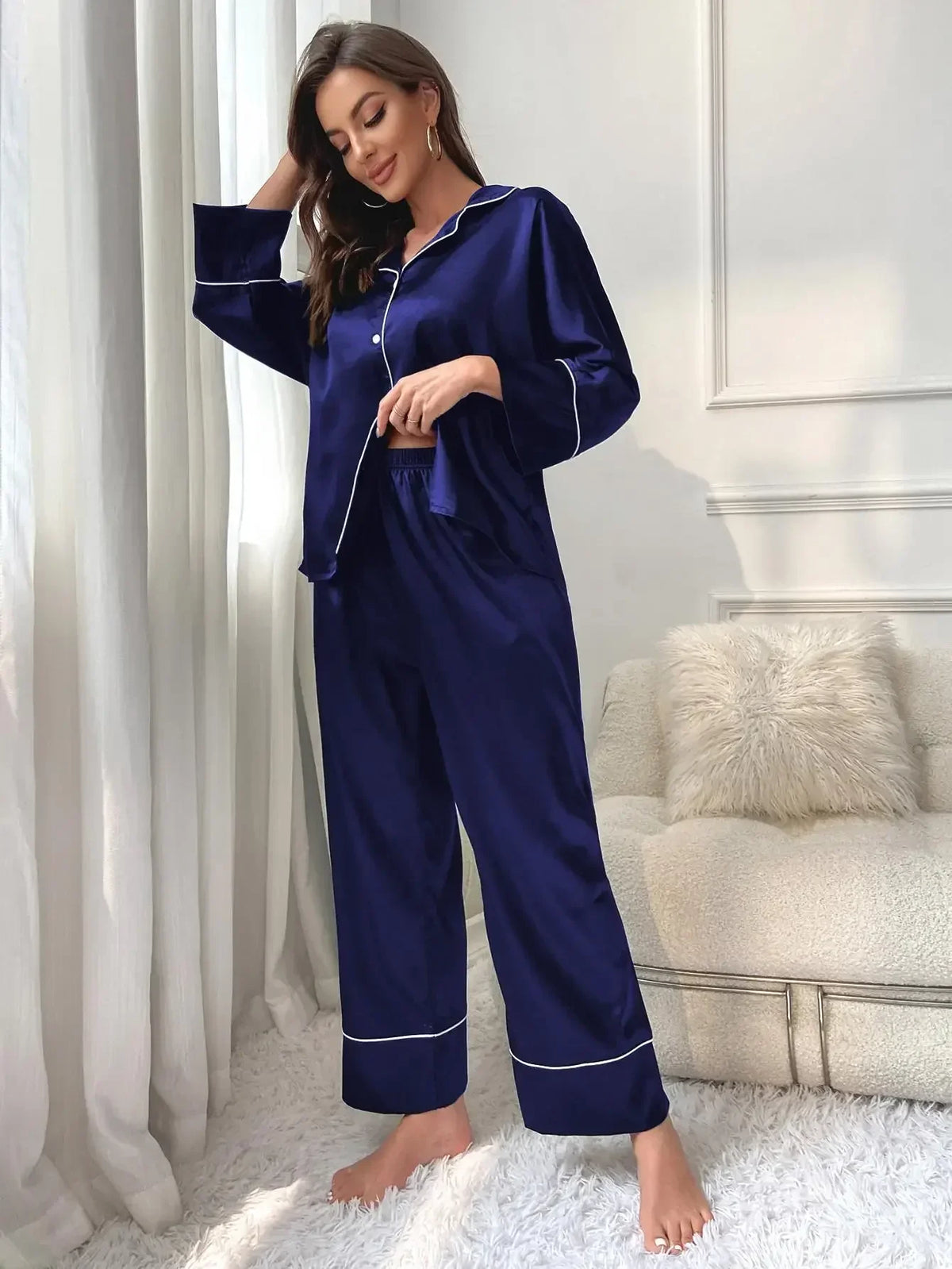 Women's Satin Pajama Set - Navy