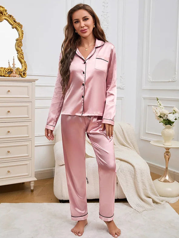Women's Satin Pajama Set - Pink, front