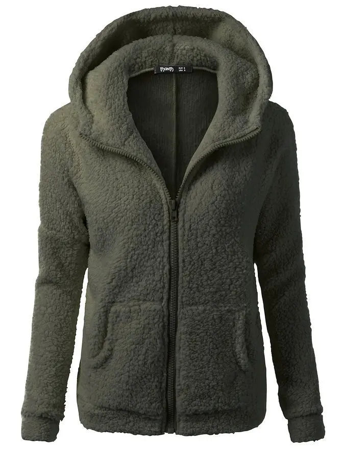 Damen-Sherpa-Fleece-Hoodie mit Reißverschluss in Armeegrün – Vorderansicht