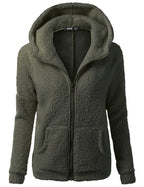 Damen-Sherpa-Fleece-Hoodie mit Reißverschluss in Armeegrün – Vorderansicht