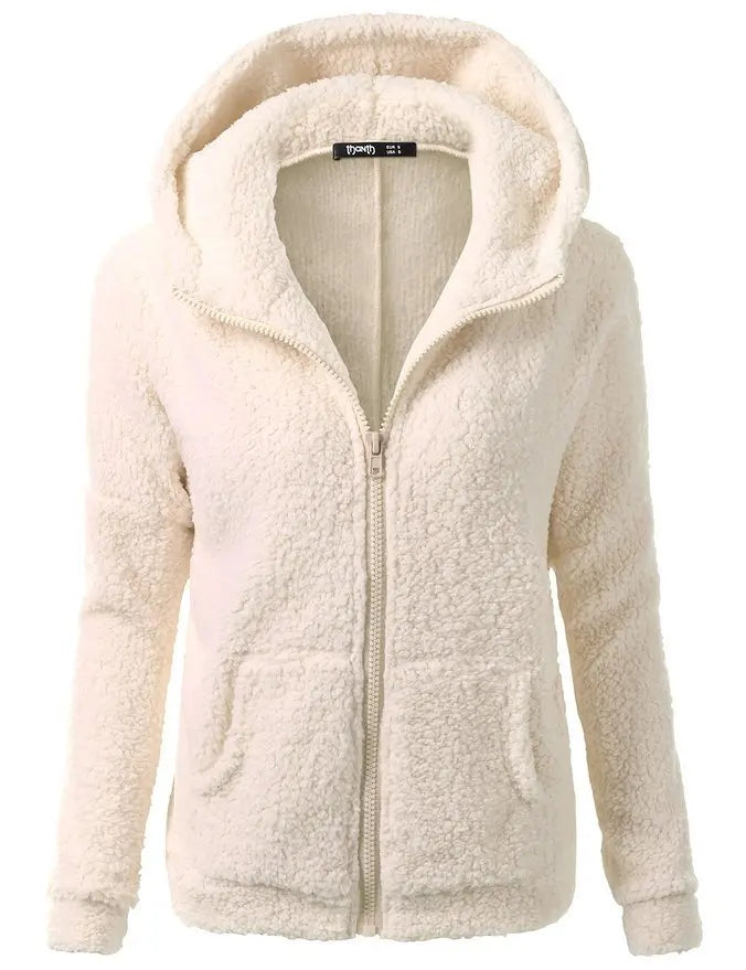 Damen-Sherpa-Fleece-Hoodie mit Reißverschluss in Beige – Vorderansicht