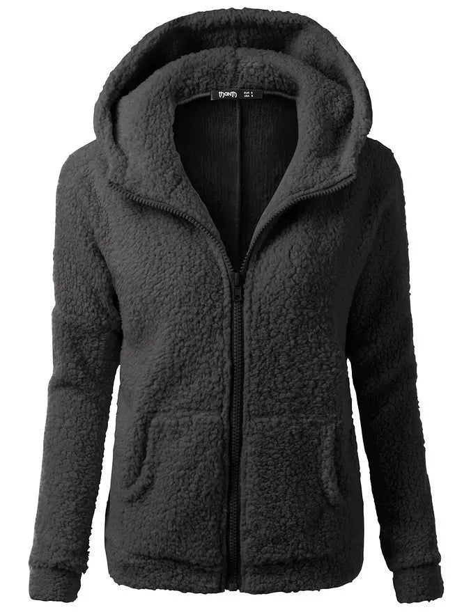 Damen-Sherpa-Fleece-Hoodie mit Reißverschluss in Schwarz – Vorderansicht