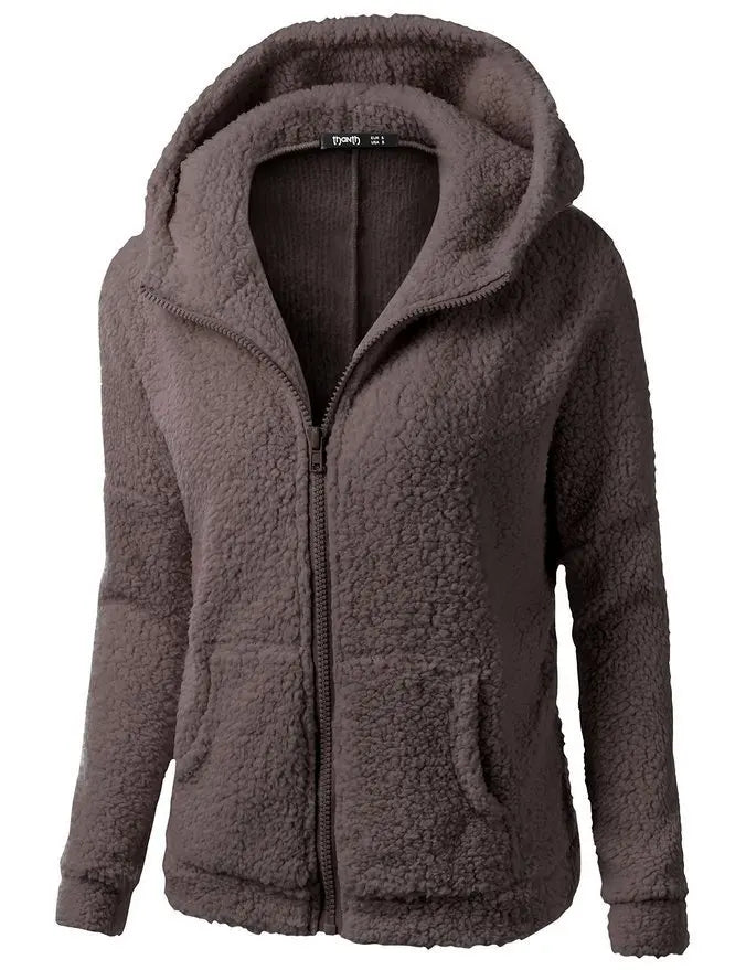 Damen-Sherpa-Fleece-Hoodie mit Reißverschluss in Kaffeebraun – Vorderansicht