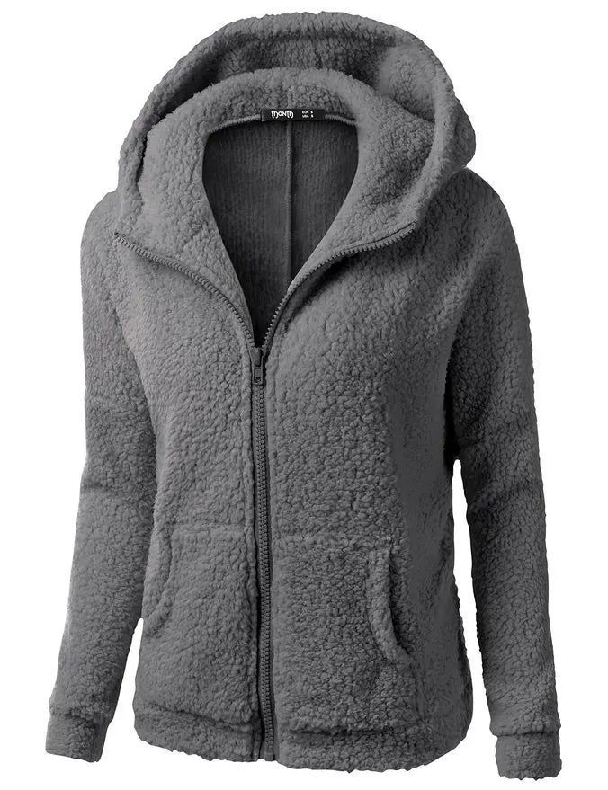 Damen-Sherpa-Fleece-Hoodie mit Reißverschluss in Dunkelgrau – Vorderansicht
