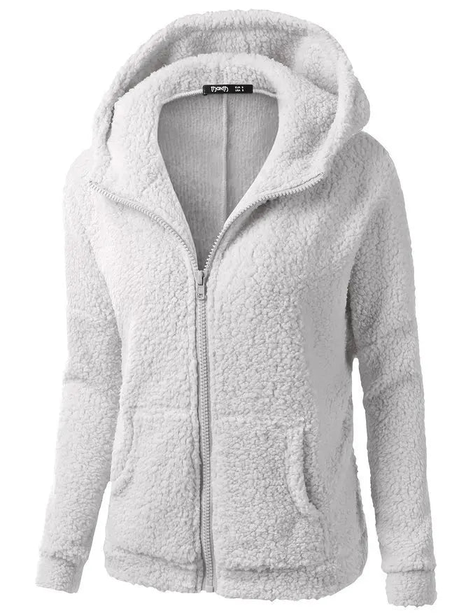 Damen-Sherpa-Fleece-Hoodie mit Reißverschluss in Hellgrau – Vorderansicht