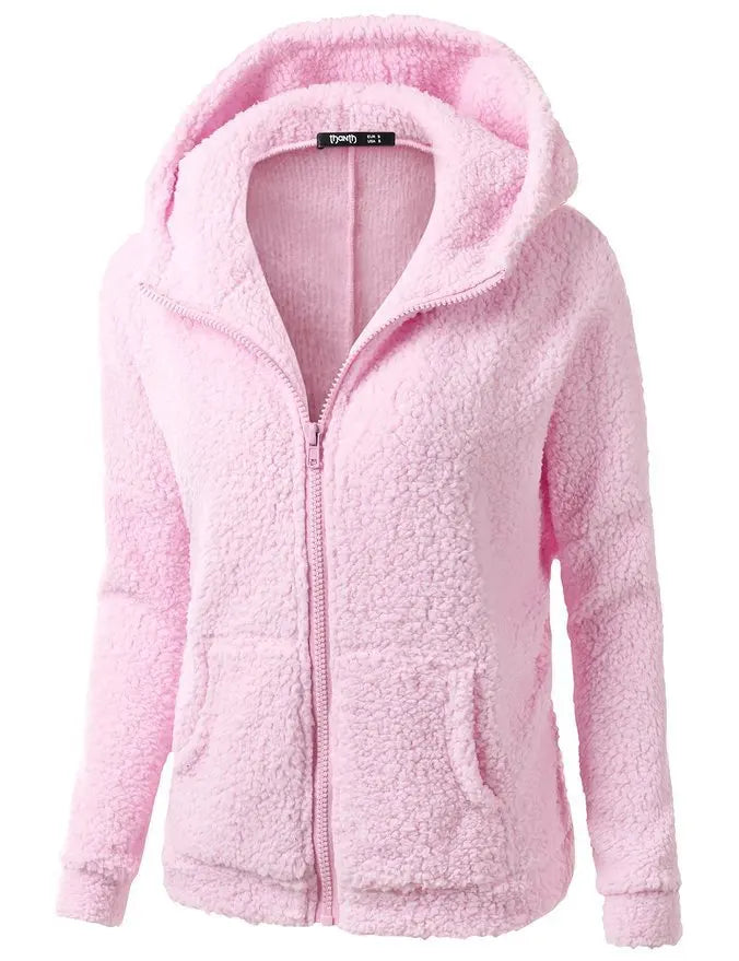 Damen-Sherpa-Fleece-Hoodie mit Reißverschluss in Rosa – Vorderansicht