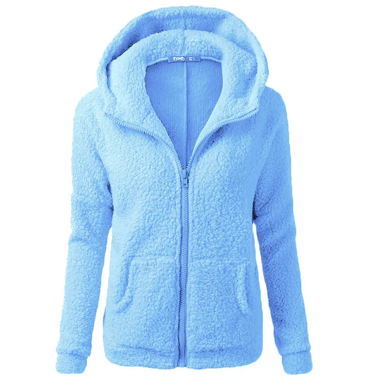 Damen-Sherpa-Fleece-Hoodie mit Reißverschluss in Himmelblau – Vorderansicht