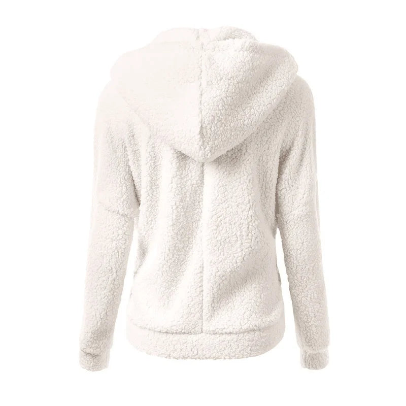 Damen-Sherpa-Fleece-Hoodie mit Reißverschluss in Weiß – Rückansicht mit Kapuze