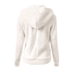 Damen-Sherpa-Fleece-Hoodie mit Reißverschluss in Weiß – Rückansicht mit Kapuze